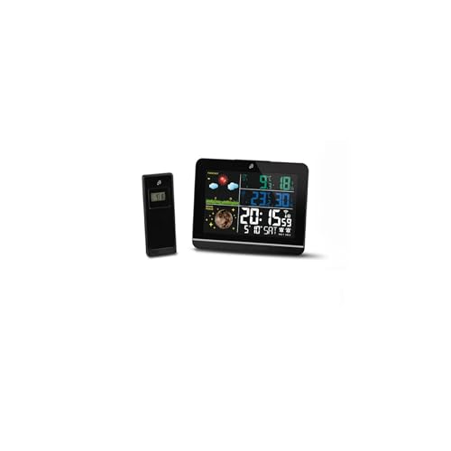 Auriol Weather Station with a sleek black design and colour display showing weather symbols and temperature readings.