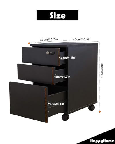 Happy Home Portable File Cabinet With 3 Drawers - Secure Storage For Office Documents