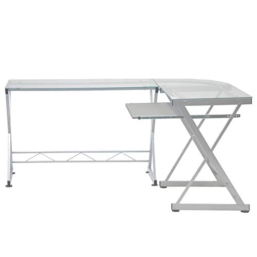 Techni Mobili Tempered Glass L Shape Corner Desk With Pull Out Keyboard Panel - Modern Design