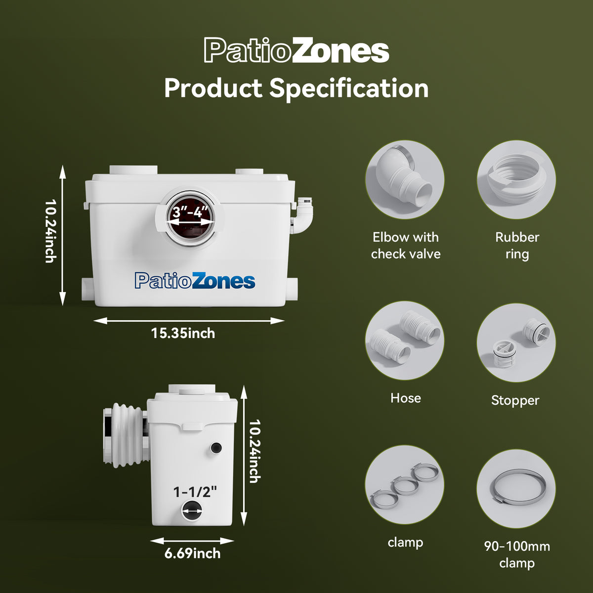 PatioZones FLO750 750W Macerator Pump - Quiet Wastewater Discharge for Home Plumbing