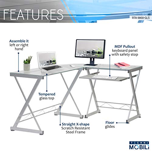 Techni Mobili Tempered Glass L Shape Corner Desk With Pull Out Keyboard Panel - Modern Design