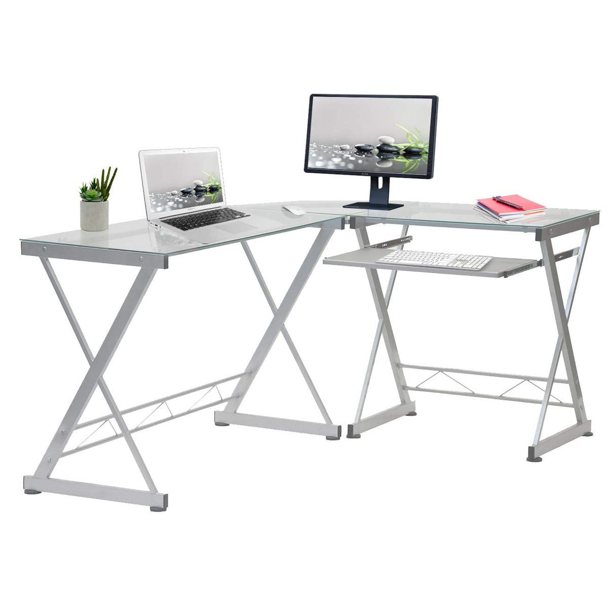 Techni Mobili L Shape Corner Desk with Clear Tempered Glass and Steel Frame