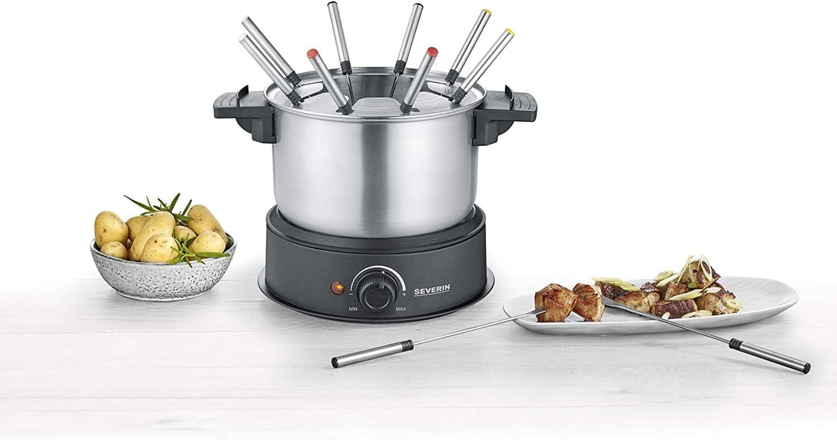 SEVERIN FO 2470 Fondue Set in black with 8 color-coded forks and removable splash guard