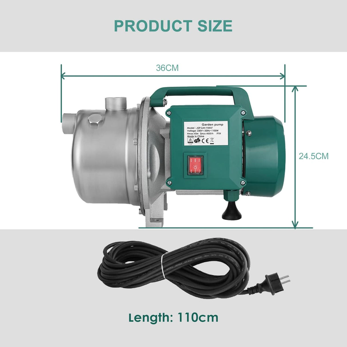 WaterPump Innovations Powerful 1100W Garden Water Pump - Stainless Steel