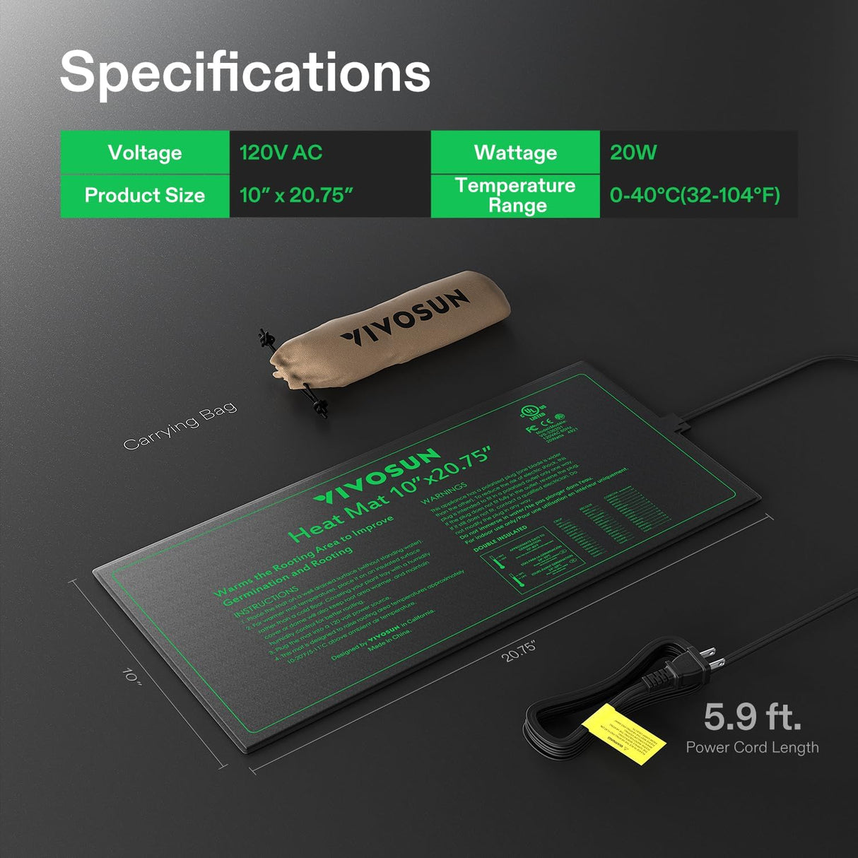 VIVOSUN Seedling Heat Mat - 10" x 20.75" Waterproof