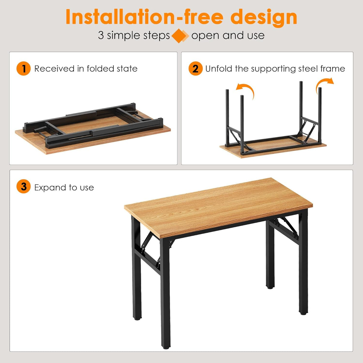 Need Folding Computer Desk - 31.5 Inch Teak Wood Top, Black Frame, No Assembly