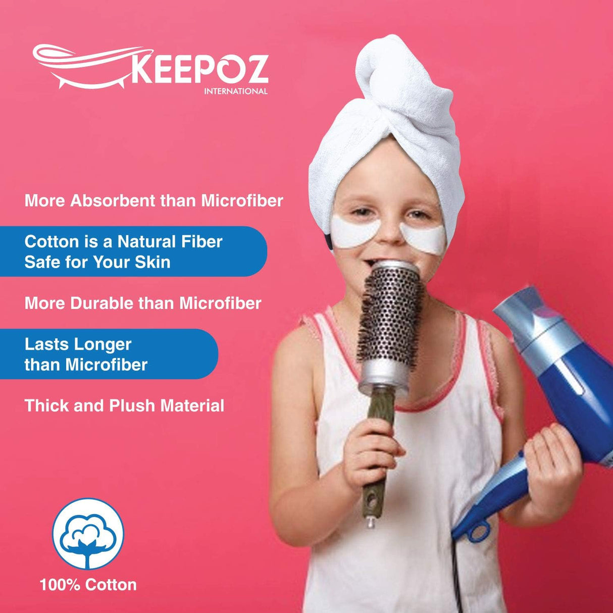 KEEPOZ 100% Cotton Quick Dry Super Absorbent Hair Turban - White