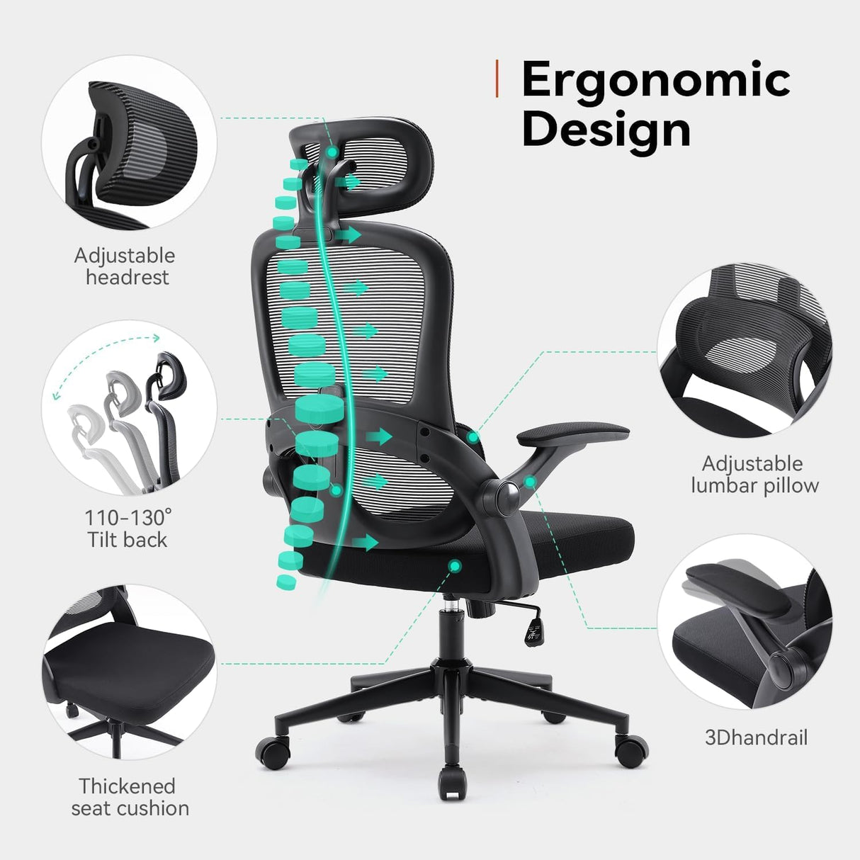 SIHOO M102C Ergonomic Office Chair - Black High Back with 3D Armrests and Lumbar Support