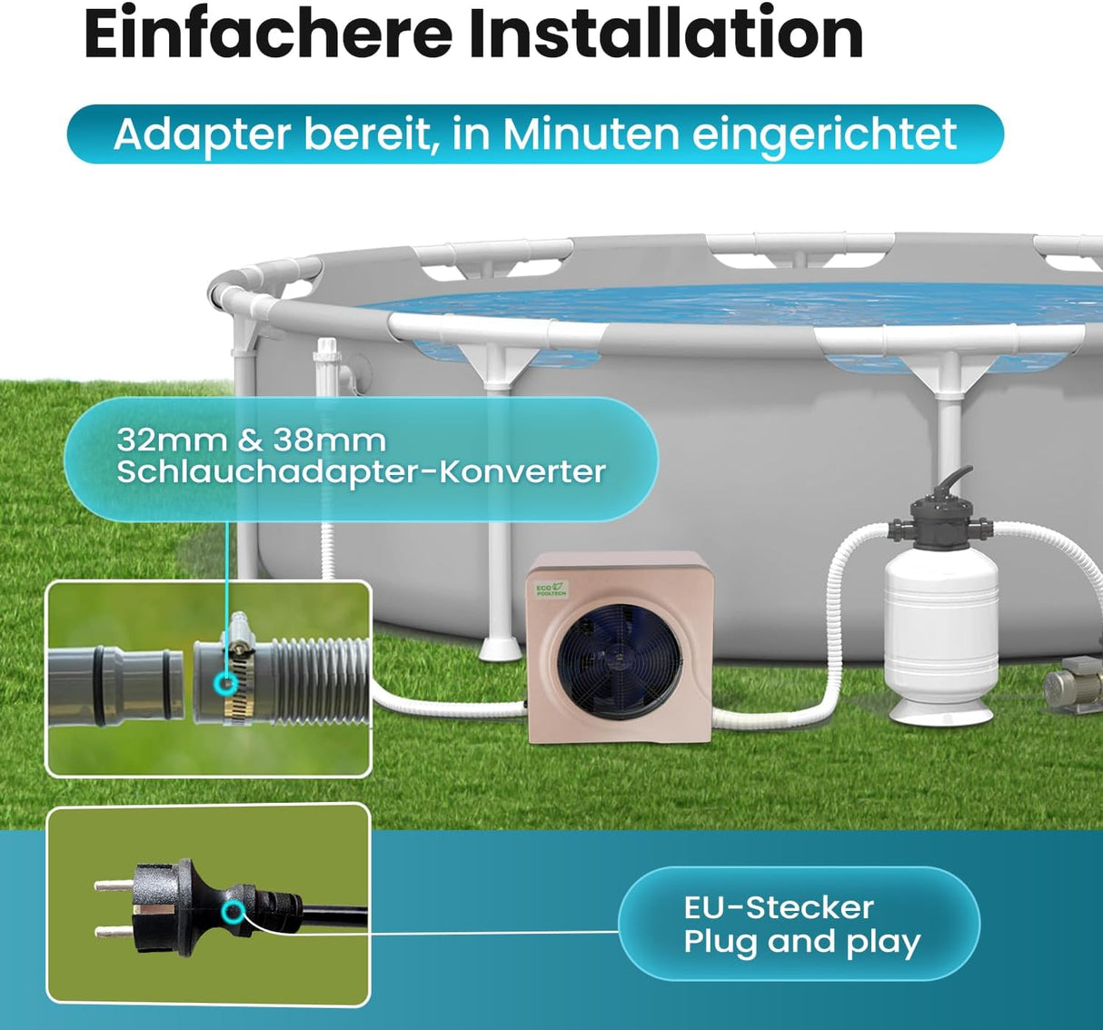 ECOPOOLTECH Mini Pool Heat Pump Heater - 5.4 kW Electric Heating