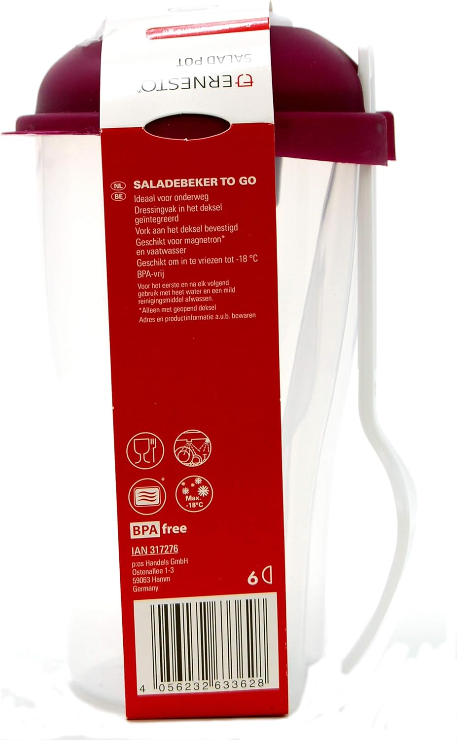 Ernesto Salad Food Pot - Built-in Fork & Dressing Container, 21cm x 11cm
