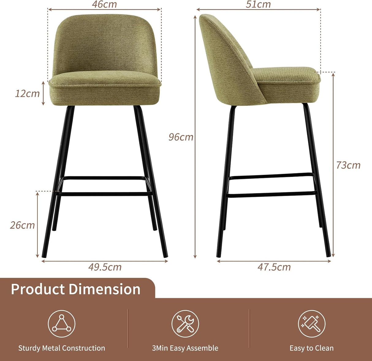 AINPECCA Advanced Breathable Velvet Bar Stools Set of 2 - Light Green Spring Cushion
