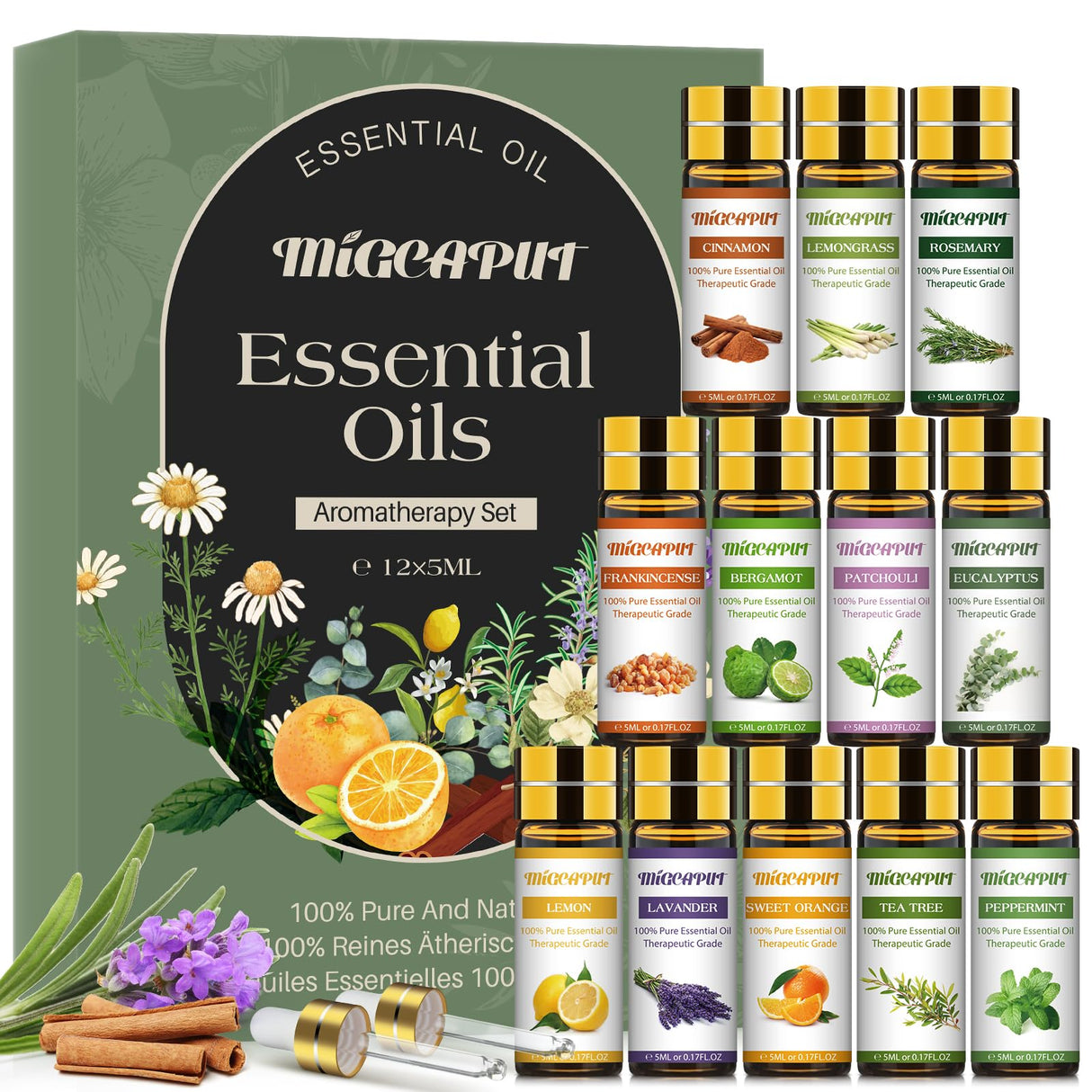 Migcaput Essential Oils Set featuring 12 bottles of natural aromatherapy oils in a stylish arrangement.
