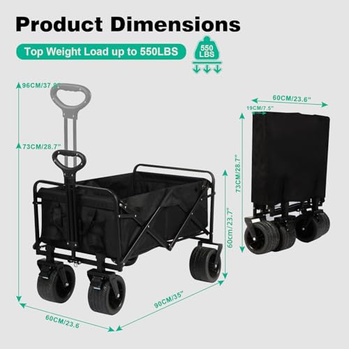 Mmq Heavy-Duty Folding Wagon With Big Wheels - 550 Lbs Capacity