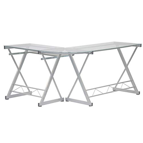 Techni Mobili Tempered Glass L Shape Corner Desk With Pull Out Keyboard Panel - Modern Design