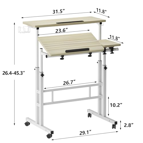 Soges Height Adjustable Rolling Desk With Cup Holder & Headphone Hook