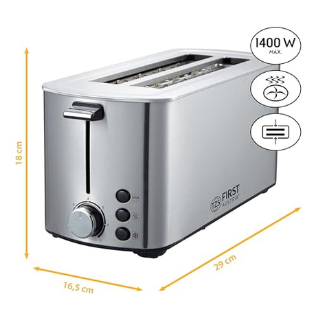 Tzs First Austria Long Slot Toaster - 4 Slices, Stainless Steel, Efficient Heating
