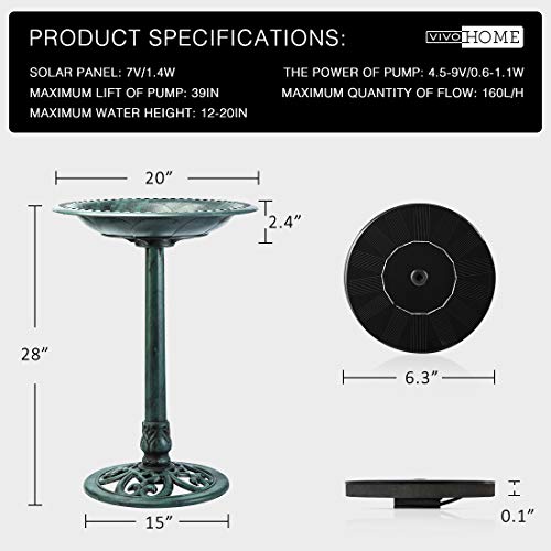 Vivohome Bird Bath With Solar Fountain - Durable & Bird-Friendly Design