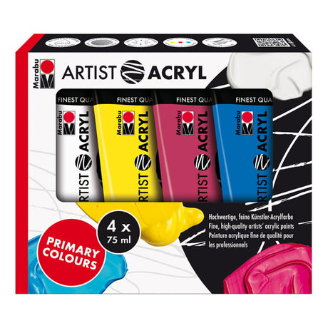 Marabu ARTIST ACRYL Set 4x75ml Tubes - Primary Colors, High Pigment, Water-Resistant