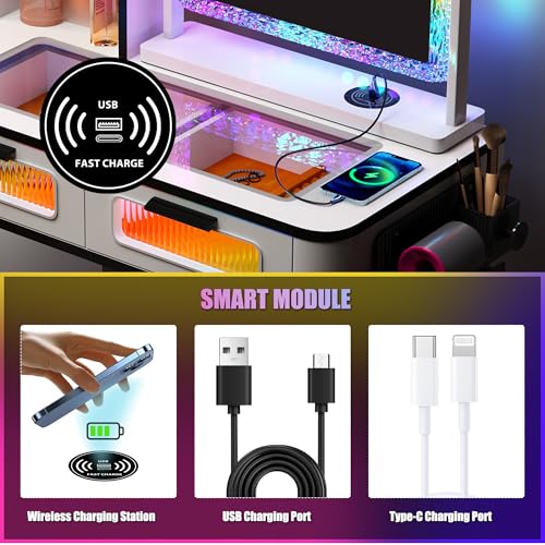 Sogesfurniture Rgb Makeup Vanity Table With Wireless Charging Station - Spacious & Versatile Design