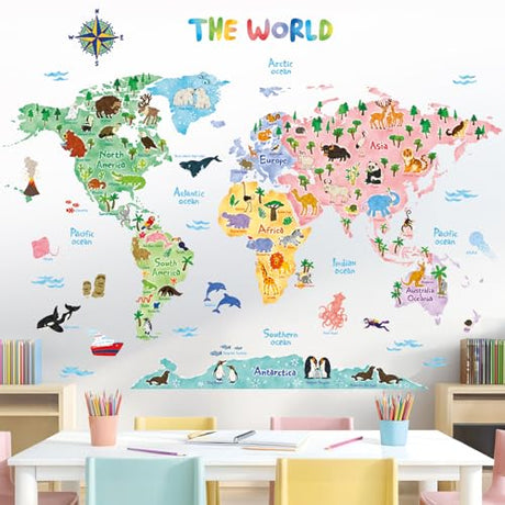 Decowall World Map Animals Wall Stickers - Perfect For Kids' Rooms