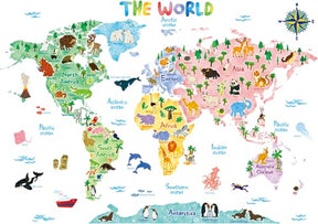 Large wall stickers featuring a colorful world map with animals, ideal for children's rooms.