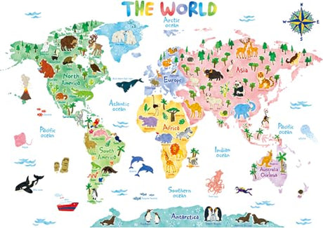 Large wall stickers featuring a colorful world map with animals, ideal for children's rooms.