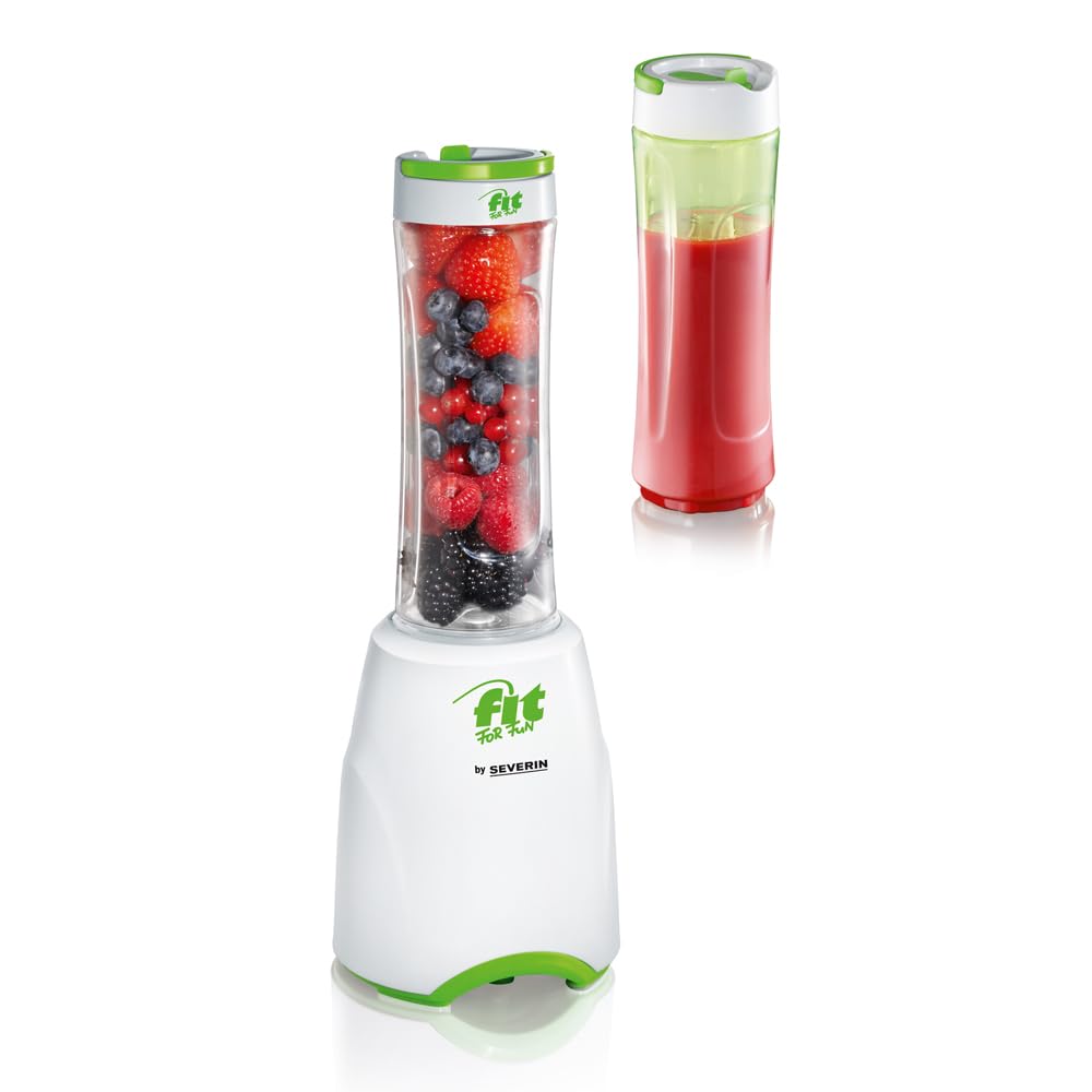 Severin Smoothie Mix & Go Blender in White and Green with two beverage containers
