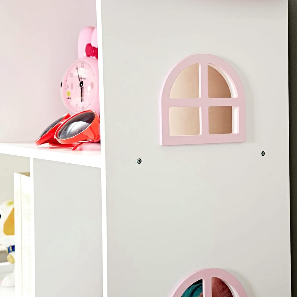 Generic Wooden Dollhouse Bookshelf - Pink White, 3-Tier Storage Organizer for Kids