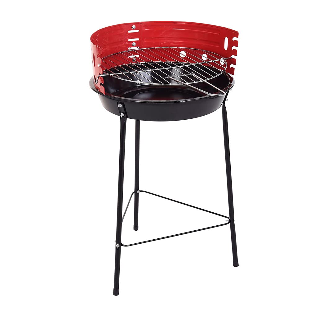 Maturi Outdoor Standing Round Charcoal Barbecue in red, compact design for small spaces