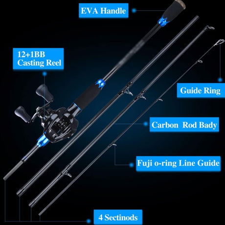 Générique Portable 4-Section Fishing Rod and Baitcasting Reel Set - black, 1.8m/2.1m lengths