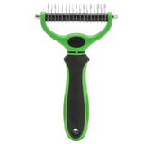 Cyrank double sided dematting brush in green for dogs and cats, featuring ergonomic handle and stainless steel teeth.