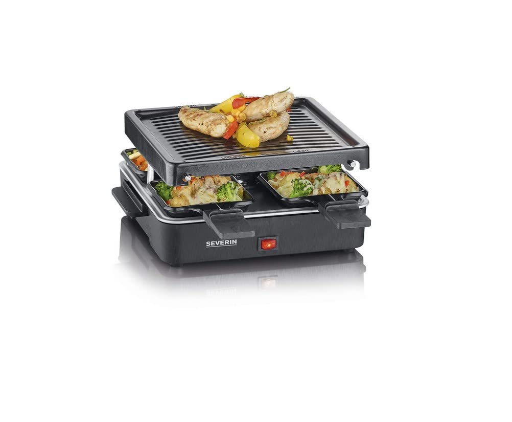 Severin Mini Raclette Grill in black with 4 pans for indoor grilling
