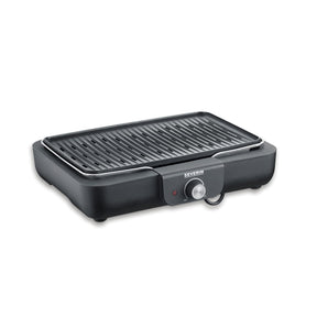 Severin Electric BBQ Grill 2200W with removable cast aluminum grill, perfect for indoor and outdoor cooking.