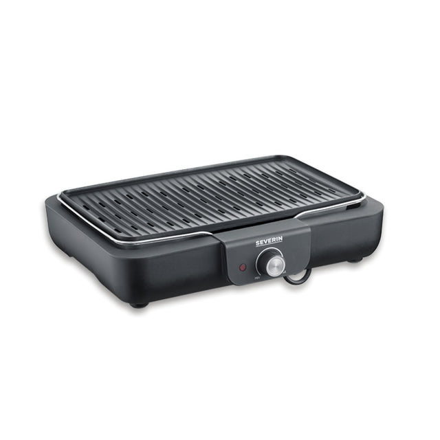Severin Electric BBQ Grill 2200W with removable cast aluminum grill, perfect for indoor and outdoor cooking.