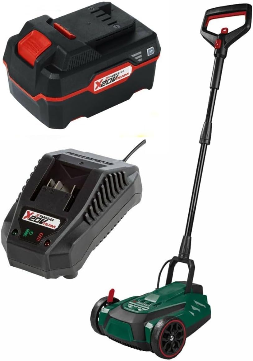 Parkside PRMHA 20-Li Cordless Lawnmower in green with battery and charger
