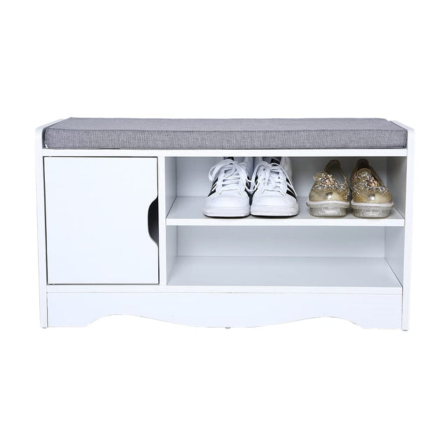 HEUTE Shoe Bench with padded seat cushion and wooden design, ideal for shoe storage.