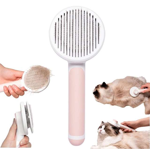 Mutt Studio Self Cleaning Cat Brush in pink, designed for effective pet grooming and shedding.