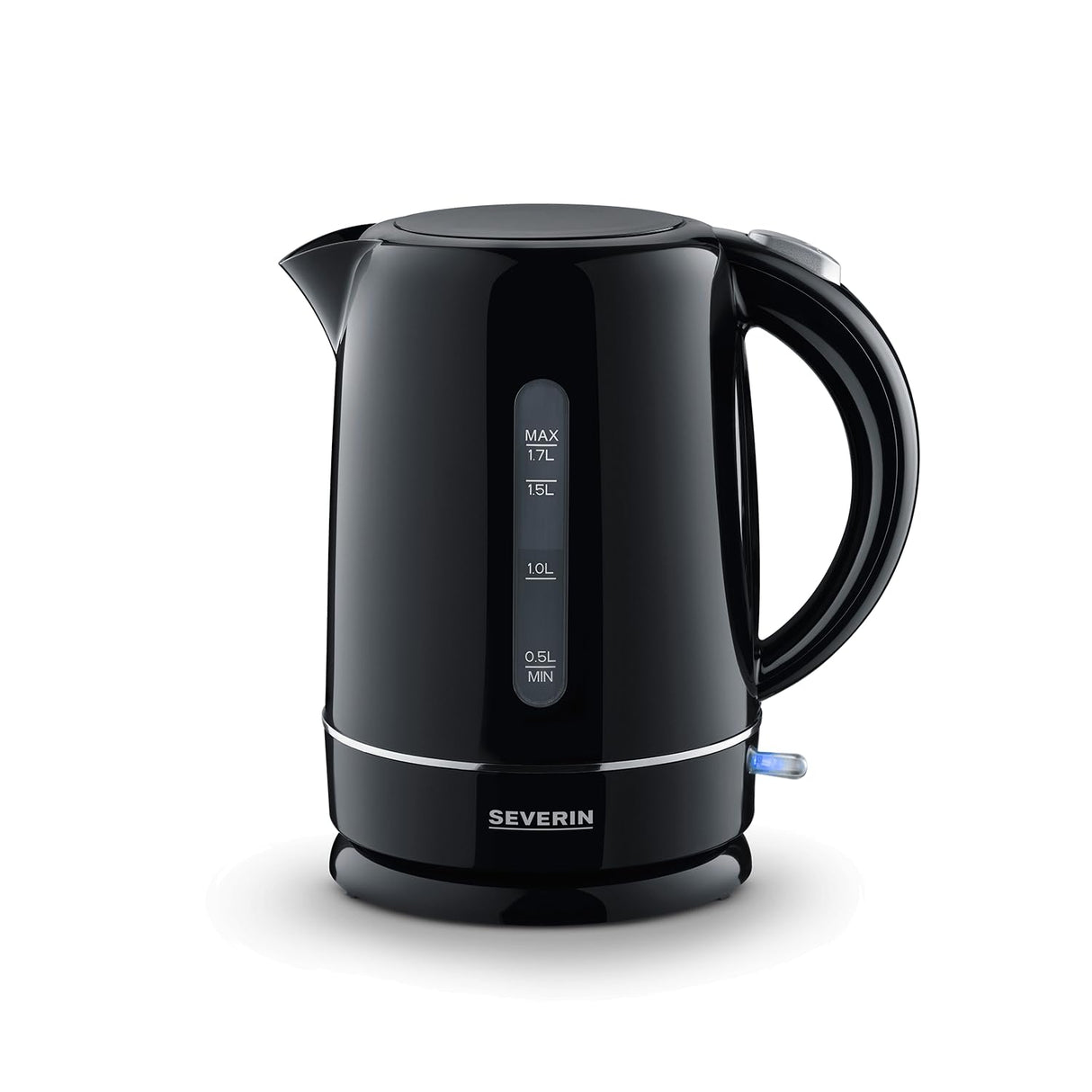 Severin 1.7L Electric Kettle in black with anti-limescale filter and flip-top lid