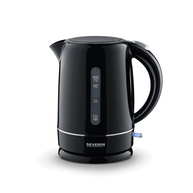 Severin 1.7L Electric Kettle in black with anti-limescale filter and flip-top lid