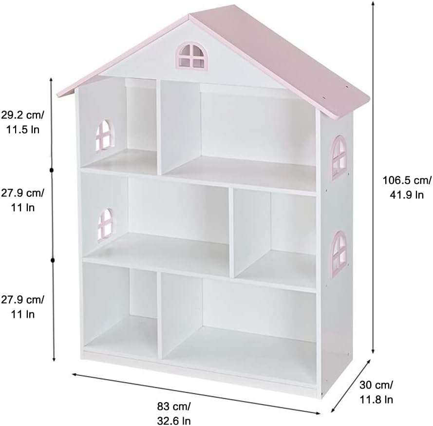Generic Wooden Dollhouse Bookshelf - Pink White, 3-Tier Storage Organizer for Kids