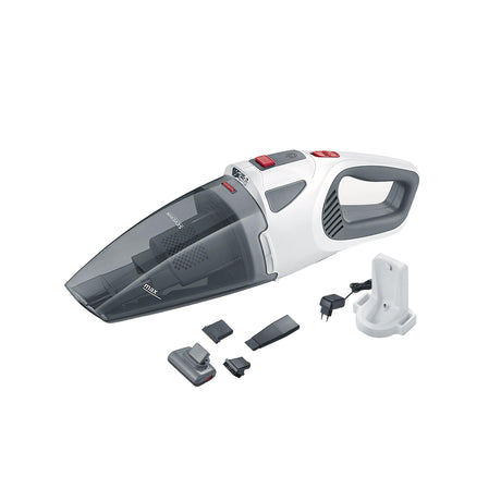 SEVERIN HV 7146 Cordless Handheld Vacuum Cleaner in white, grey, and red with accessories