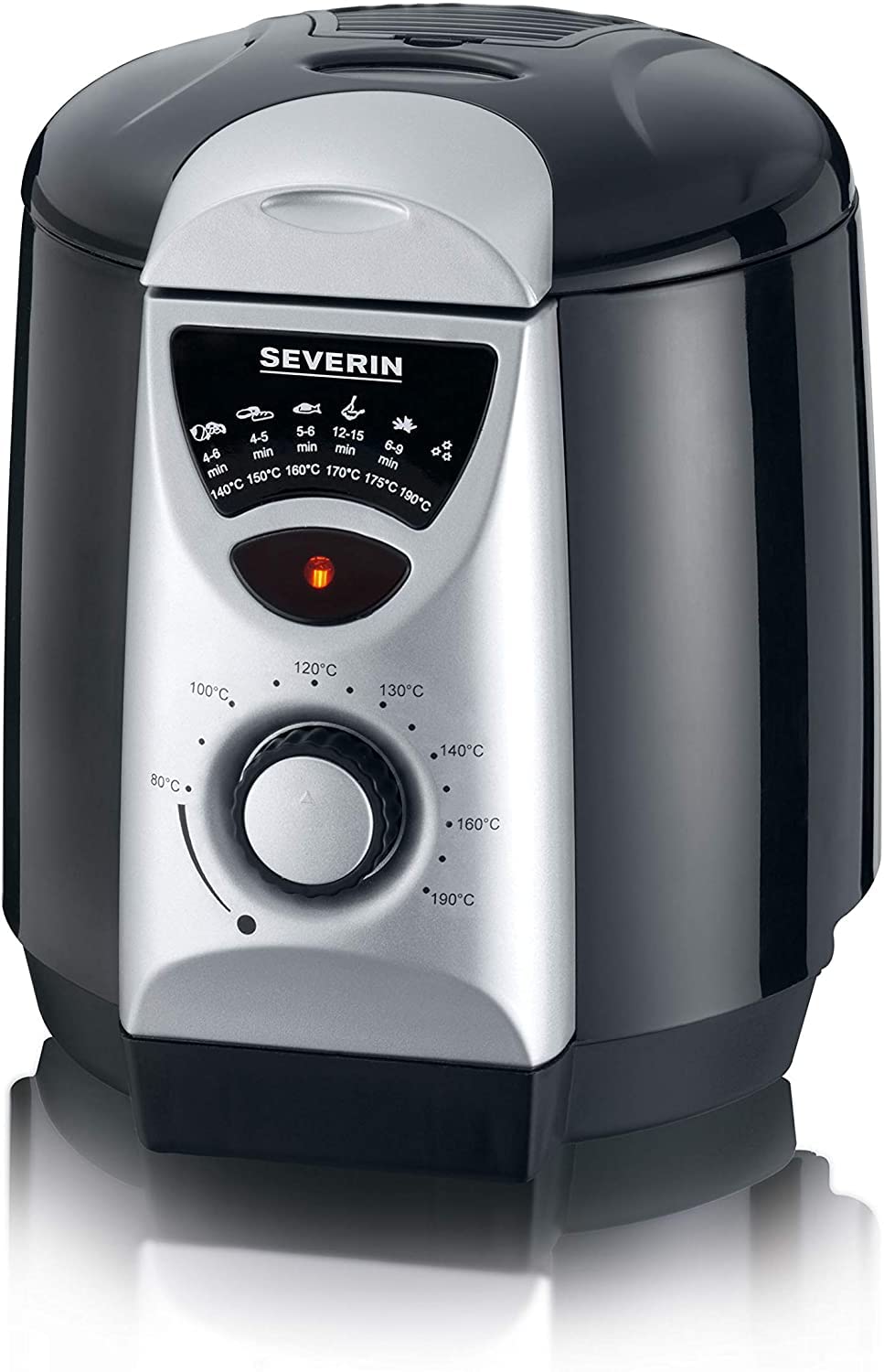 SEVERIN FR 2408 Mini Deep Fryer in silver and black with fondue forks