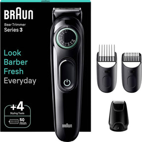 Braun Beard Trimmer BT3421 in Black and Vibrant Green with precision wheel and accessories