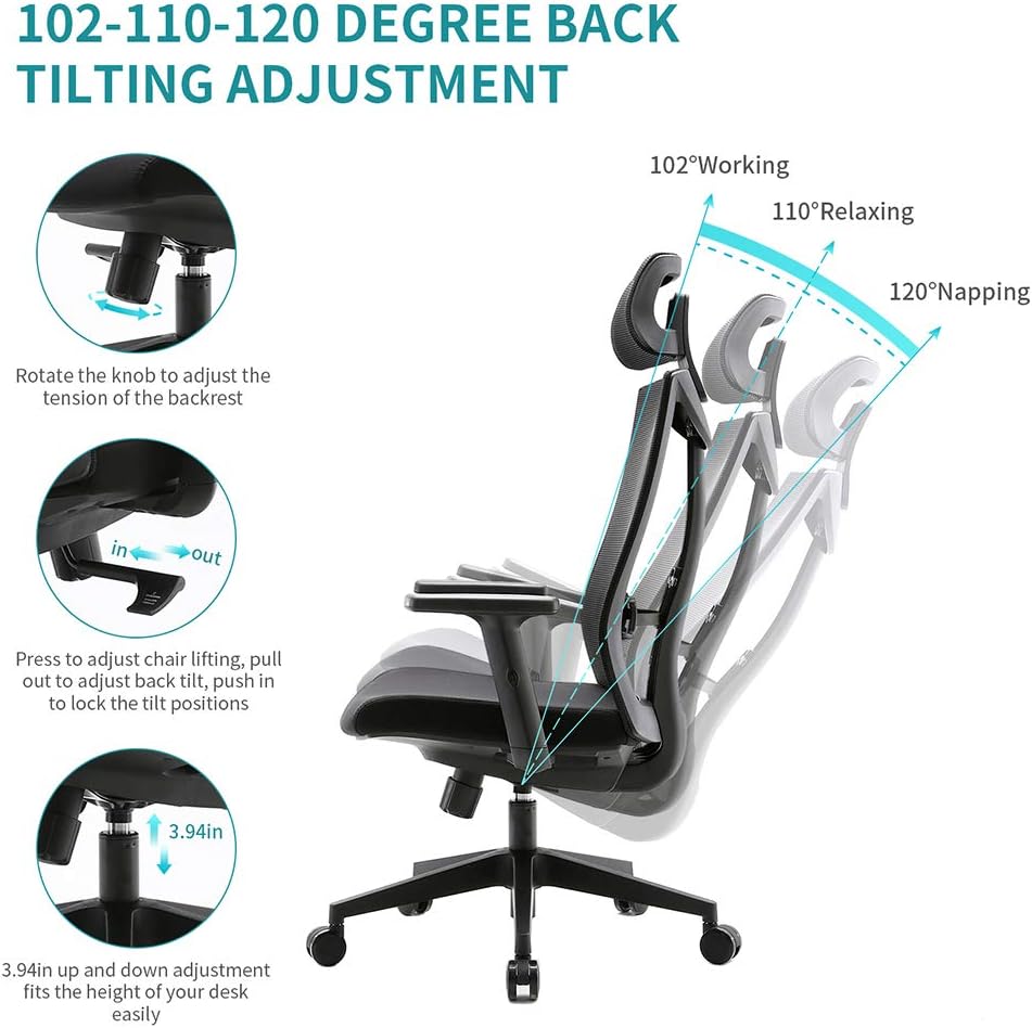 Umi Ergonomic Mesh Office Chair - Black with adjustable headrest and lumbar support