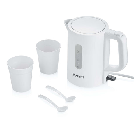 SEVERIN Travel Kettle Set in white with 2 plastic cups and spoons