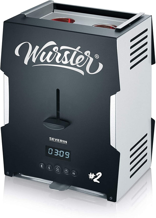 Severin WT 5005 Hot Dog Machine in black and stainless steel with wood tongs