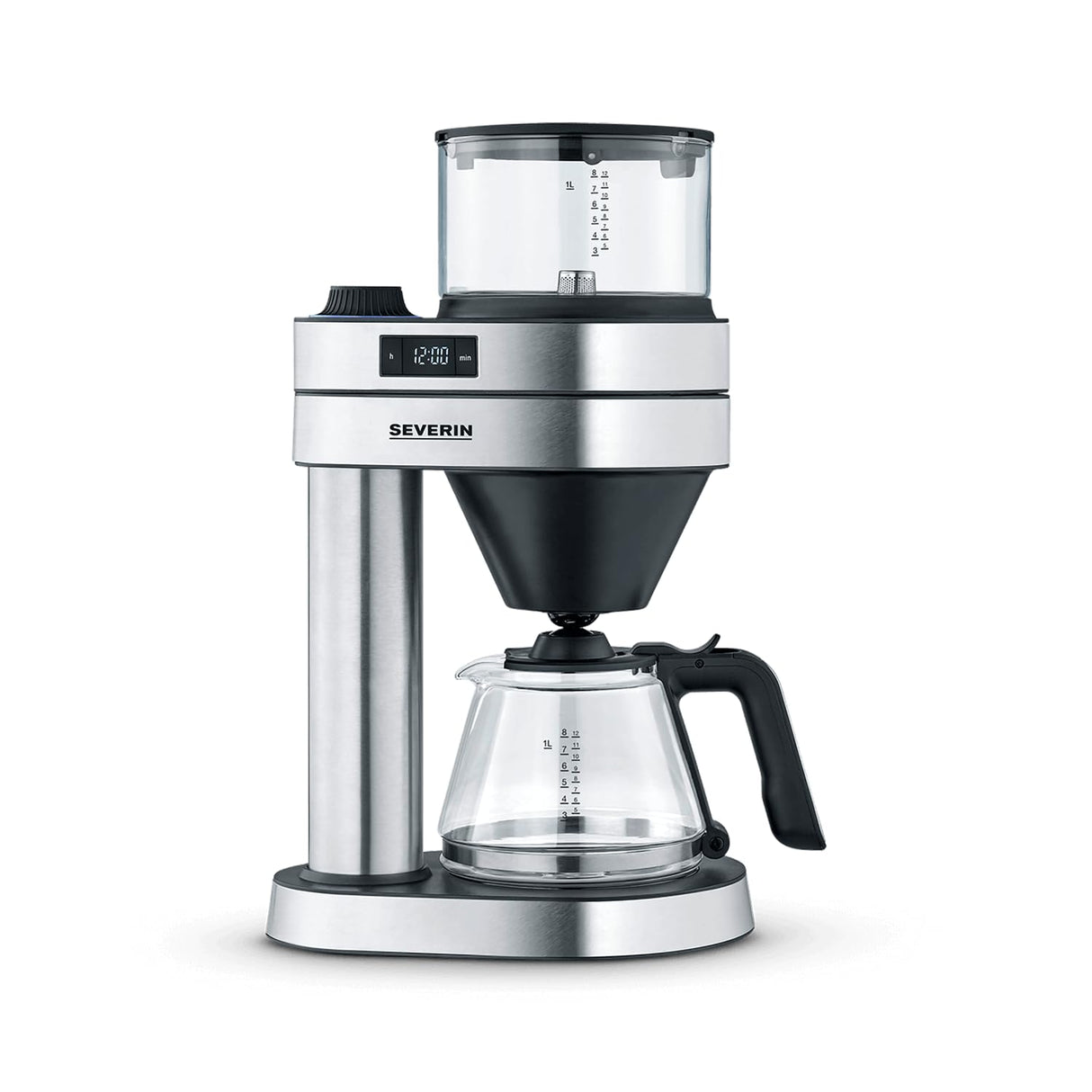 Severin Caprice Drip Coffee Maker in brushed stainless steel and matte black with glass jug and LED display