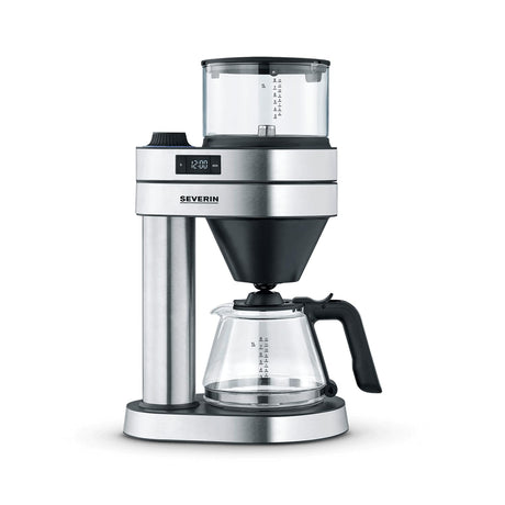 Severin Caprice Drip Coffee Maker in brushed stainless steel and matte black with glass jug and LED display