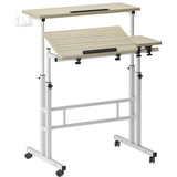 soges 31.5in Height Adjustable Desk with wheels, cup holder, and headphone hook in maple finish