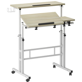 soges 31.5in Height Adjustable Desk with wheels, cup holder, and headphone hook in maple finish